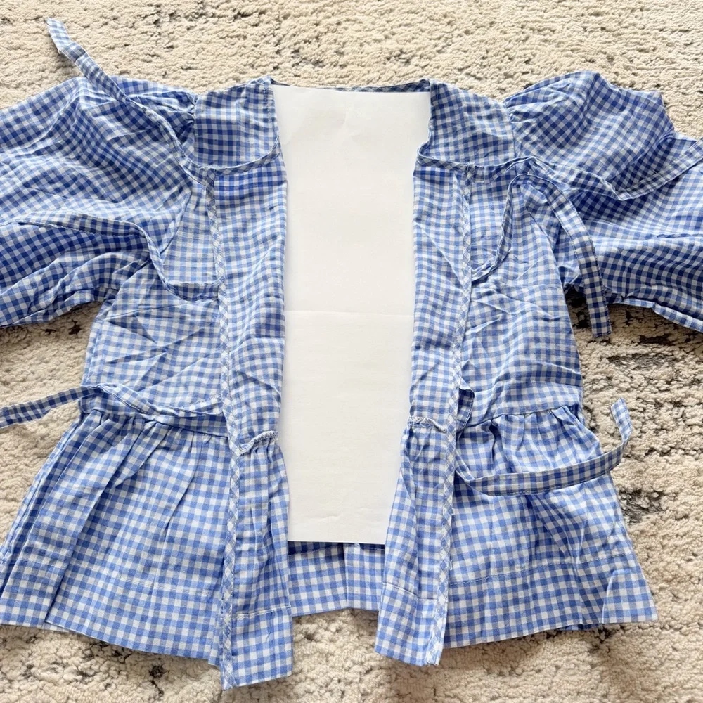 NWOT-Woman’s Blue Plaid Gingham Babydoll Top w/ Tie Front Short Puff Sleeves - Picture 11 of 14
